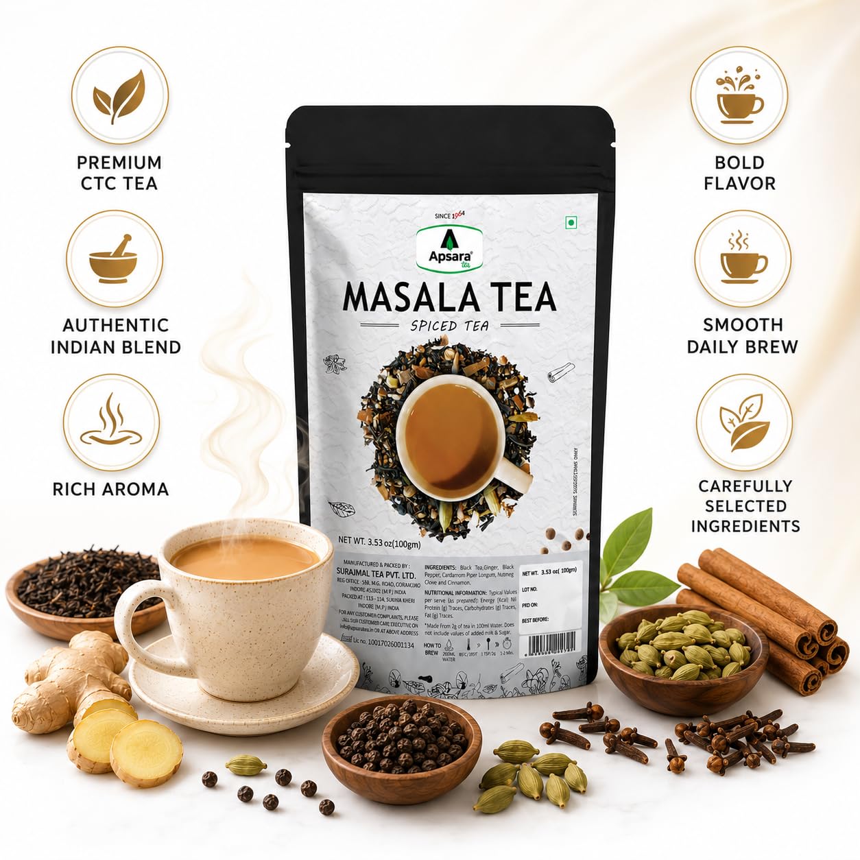 APSARA Premium Masala Chai Tea, Authentic Indian CTC Black Tea Blend with Ginger, Cardamom, Cinnamon, Black Pepper &amp; Cloves, Strong Aroma and Bold Flavor, Spiced Tea for Traditional Milk Chai, 100g