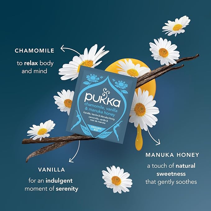Pukka Calming Chamomile, Vanilla & Manuka Honey Organic Herbal Tea, Soothing Organic Tea Infusion Selection, Honey & Fennel Blend, Caffeine Free