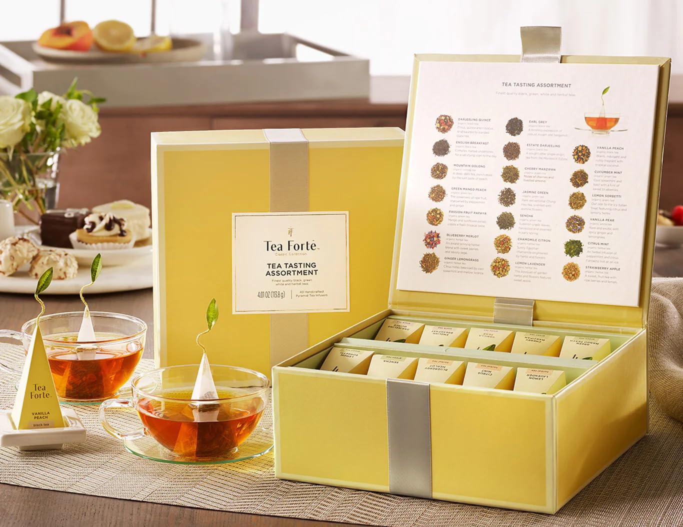 Tea Forte Tea Sampler, 40 Pyramid Infuser Bags, Premium Tea Gift Set | Assorted Tea Chest Presentation Box, 2 of Each, Individually Wrapped, Giftable Presentation Box for Tea Lovers