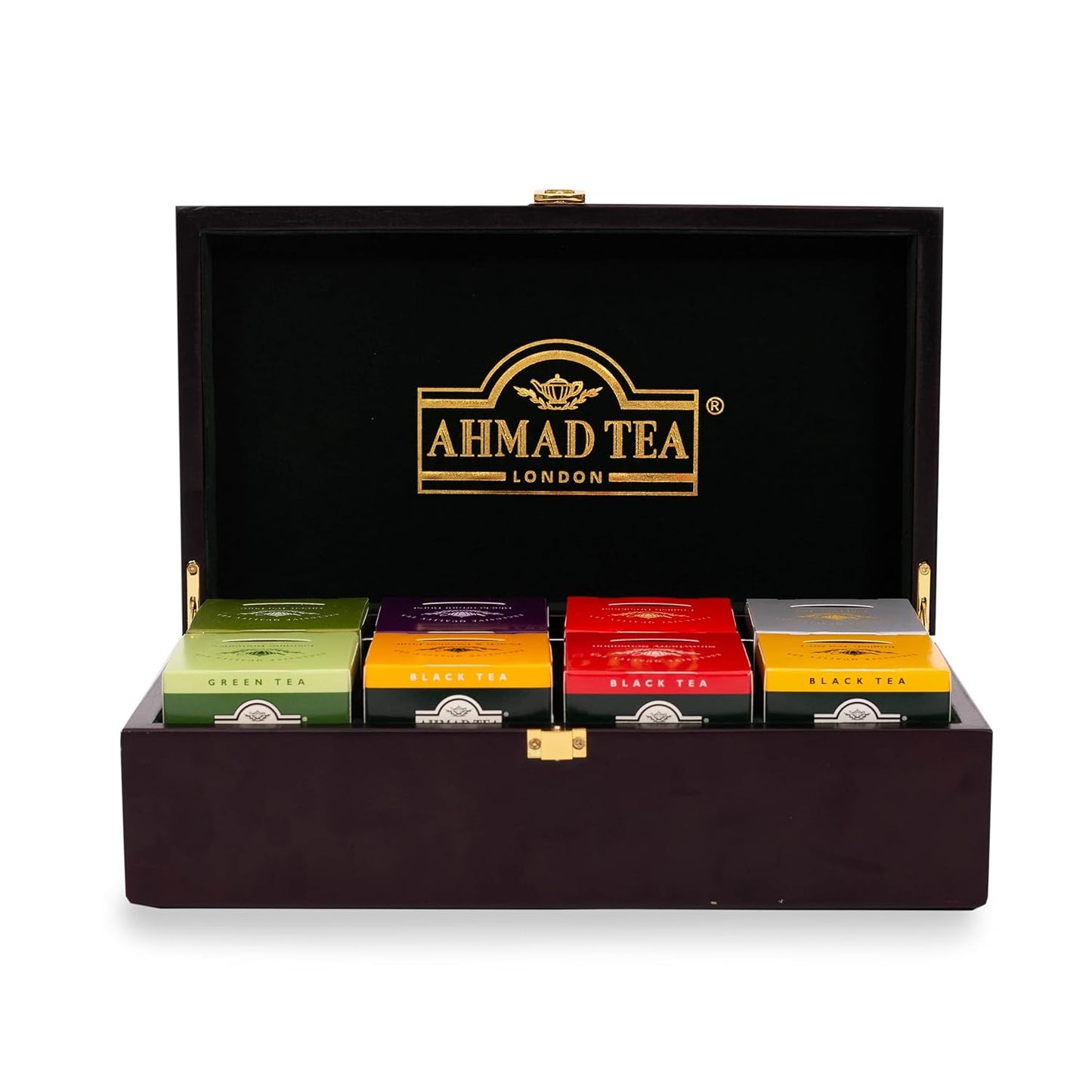 Ahmad Tea Black &amp; Green Tea, Wooden Tea Keeper, 8 Popular Blends 10 ct (each) 80 Teabags Total - Caffeinated &amp; Sugar-Free