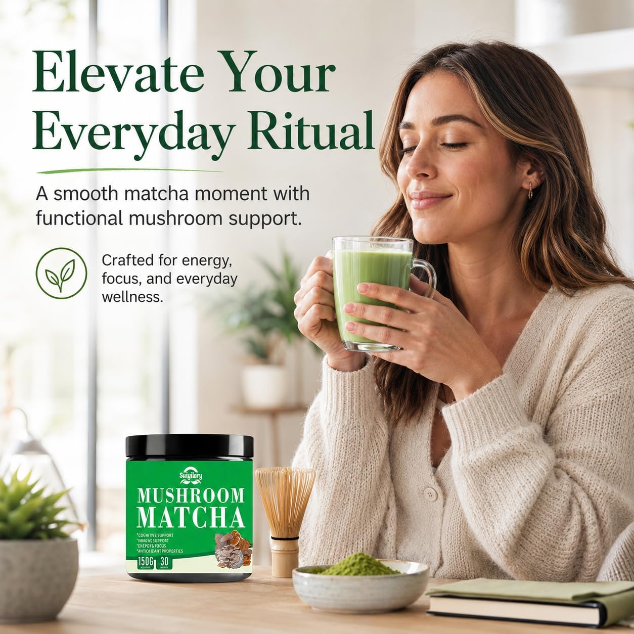 Suiyilary Mushroom Matcha, Ceremonial Matcha Tea Powder with 7 Superfood Mushrooms, Gluten Free, Taste Great Hot or Cold Matcha Latter - 150g 30 Serving