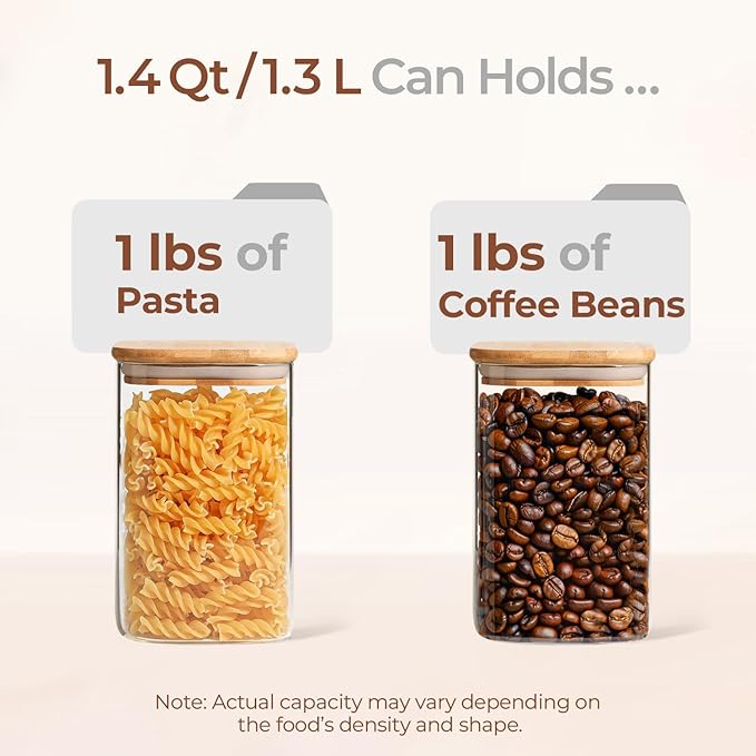 ComSaf 1.4 Qt Glass Storage Containers with Lids, Glass Jars with Lids, Clear Food Storage Jar, Square Canister Set of 3