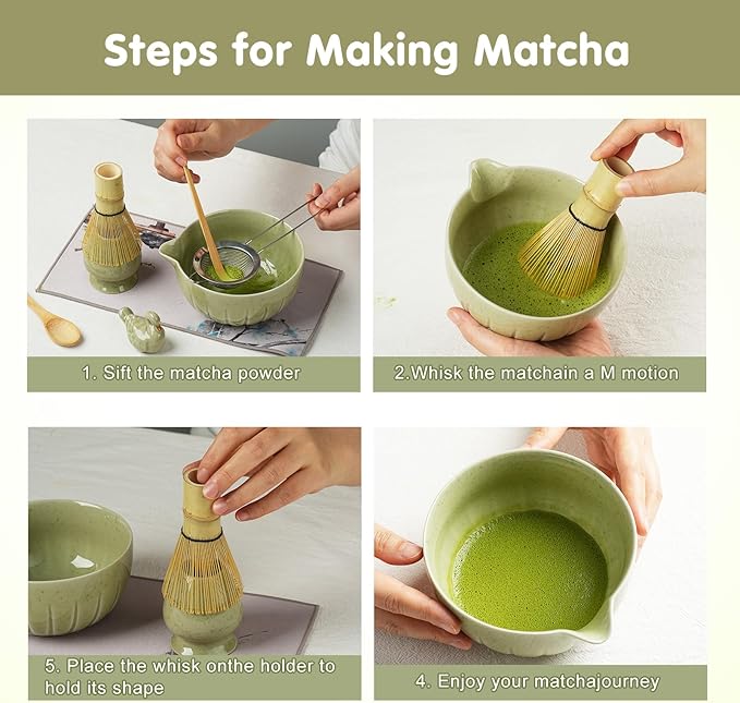 Matcha Whisk Set - 5PCS Matcha Kit for Ceremony, Ceramic Matcha Set Bowl with Spout, Bamboo Whisk(Chasen) with Ceramic Holder, Ideal Gift Christmas, Birthday, Anniversary (Matcha Green)