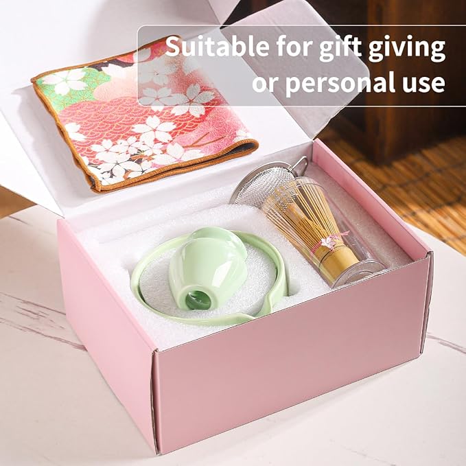 8-Piece Matcha Tea Set with Ceramic Bowls (Flower Pattern), Bamboo Whisk, Scoop, Spoon & Pink Sakura Gift Box – Traditional Japanese Matcha Whisking Kit for Tea Lovers (green)