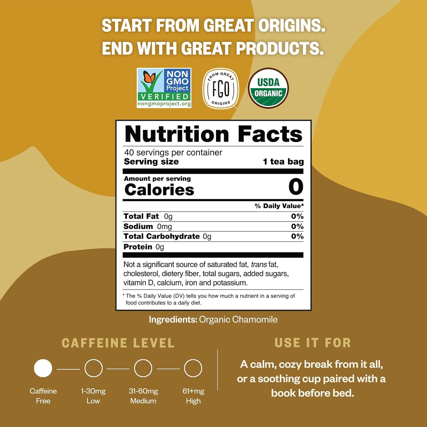 FGO Organic Chamomile Tea, 40 Count, Eco-Conscious Tea Bags, Resealable Bag (Pack of 1)