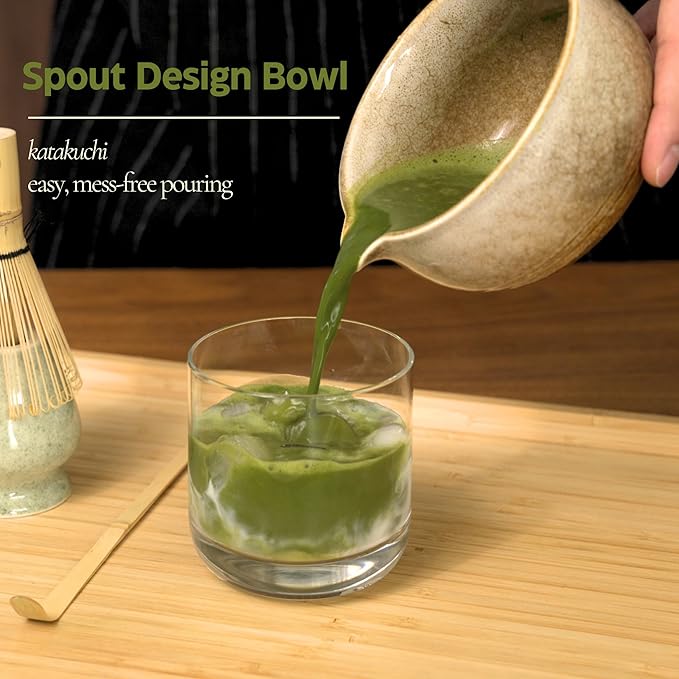 Matcha Set, Handcrafted Bamboo Chasen & Ceramic Bowl, 5 Pcs Matcha Set Whisk and Bowl with Stainless Steel Sifter