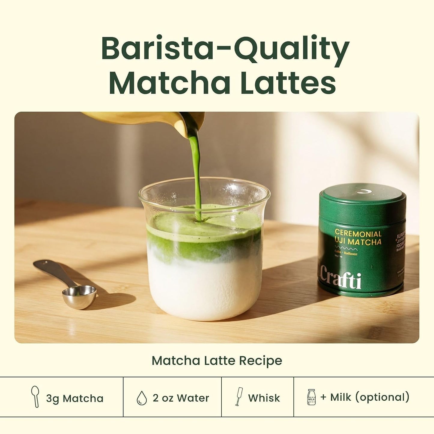 Crafti Ceremonial Grade Matcha Powder (Organic) - Unsweetened Authentic Japanese Daily Matcha Green Tea Powder from Uji
