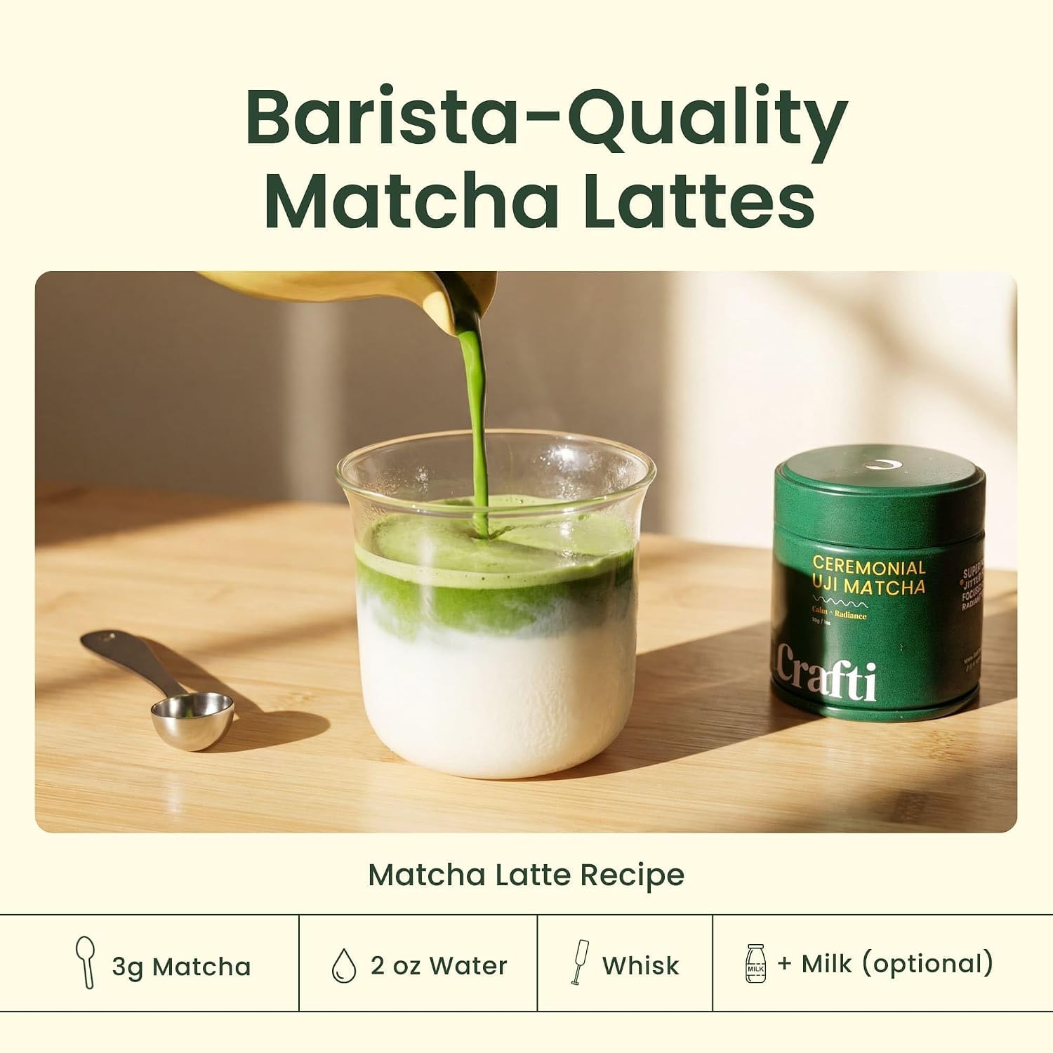 Crafti Ceremonial Grade Matcha Powder (Organic) - Unsweetened Authentic Japanese Daily Matcha Green Tea Powder from Uji