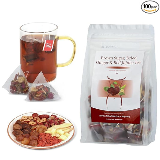 Liuhbn Brown Sugar Ginger Tea Decaffeinated (10g x 20 packs) Is A 100% Natural Herbal Tea With Ginger Slices, Red Dates, Longan, Brown Sugar Blocks