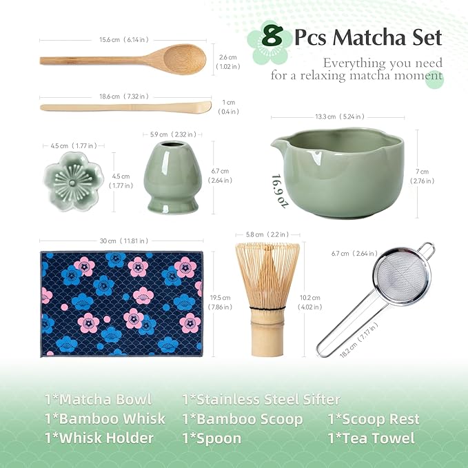 Matcha Set, 8Pcs Floral Ceramic Matcha Set with Matcha Whisk, Holder, Scoop, Scoop Rest, Sifter, Spoon and Tea Towel