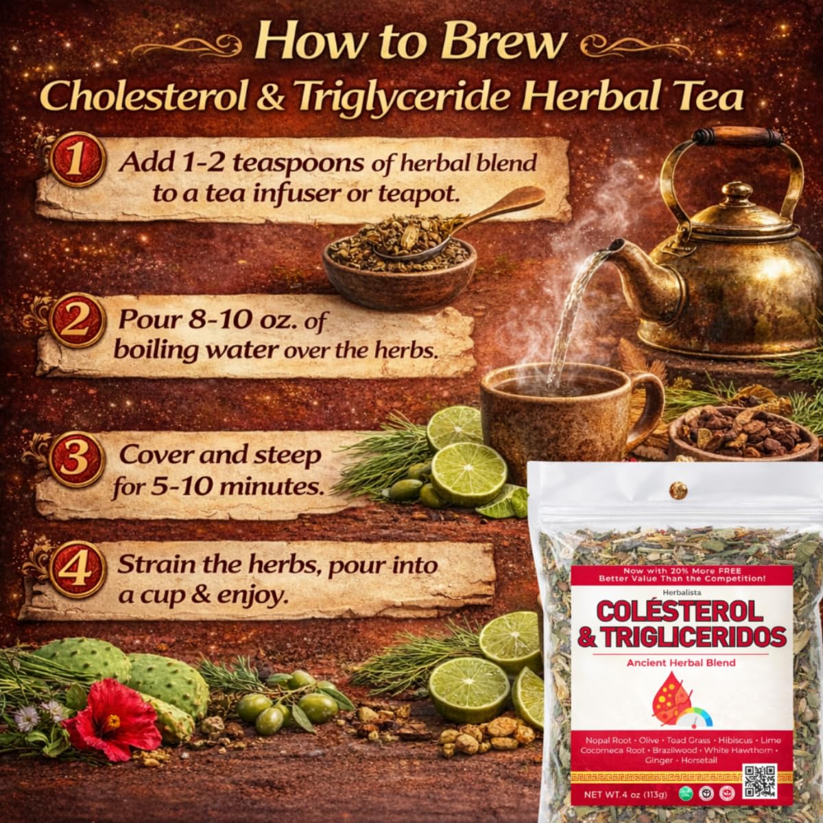Herbalista - Colesterol Herbal Compound Tea 5oz (141g) – 100% Natural Infusion – Compuesto Ancestral Hierbas Naturales – Makes 40+ Cups – Herbal Mixture – Té Bienestar Ancestral – Non-GMO | No Cafeína