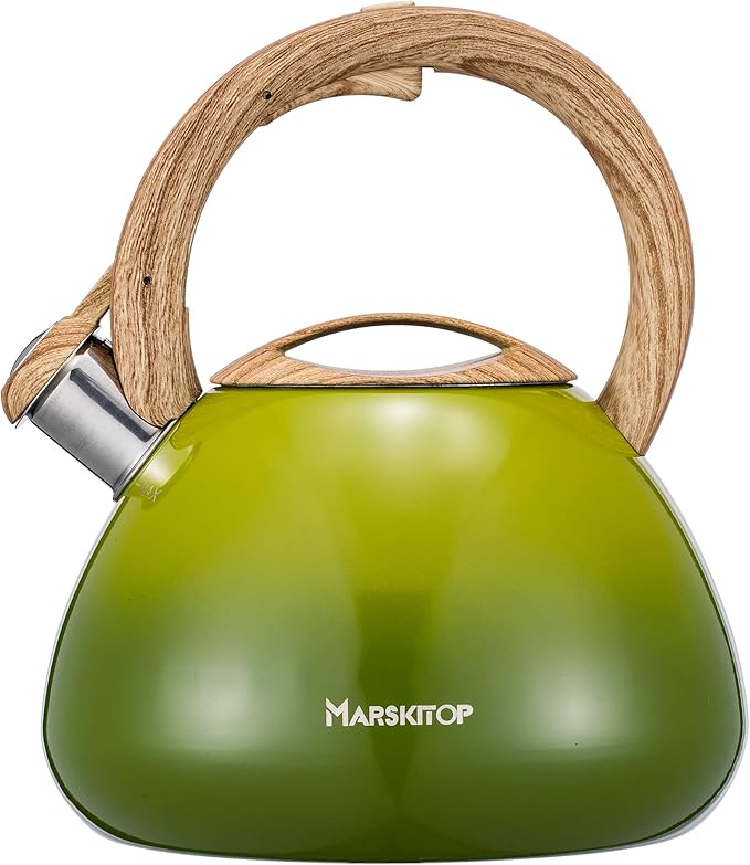 Marskitop Whistling Tea Kettle for Stove Top, 2.6 Quart Teapot for Stovetop, Stainless Steel Tea Pot for Stove with Wood Pattern Handle, Light Green
