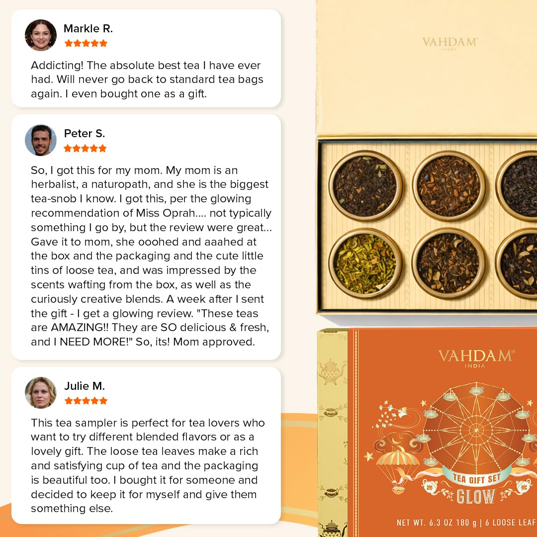 VAHDAM, GLOW - Assorted Mothers Day Gift Set for Mom from Son, Daughter (6 Loose Leaf Tea) Tin Caddy Presentation Box | Gluten Free, Non GMO | Mothers Day Gifts for Mom/Grandma