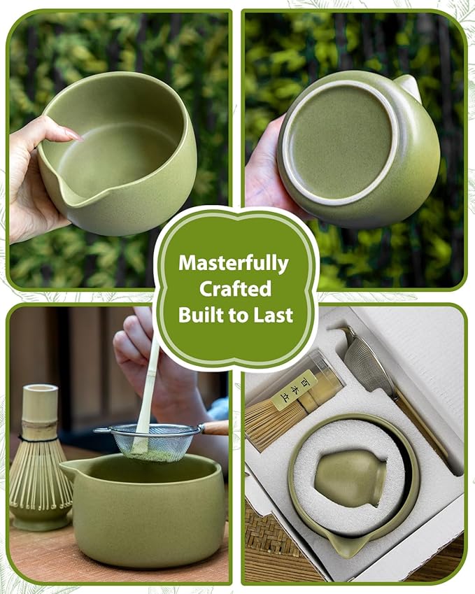 20OZ Matcha Whisk Set - 5PCS Japanese Tea Set Includes Matcha Bowl with Spout, Bamboo Whisk with Ceramic Holder, Bamboo Scoop and Sifter
