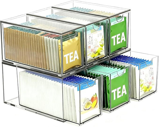 6 Pack Stackable Tea Bag Organizer Drawers – Clear Acrylic Tea Bag Holder for Cabinet, Drawer, Pantry, Countertop – Kitchen Tea Storage Container
