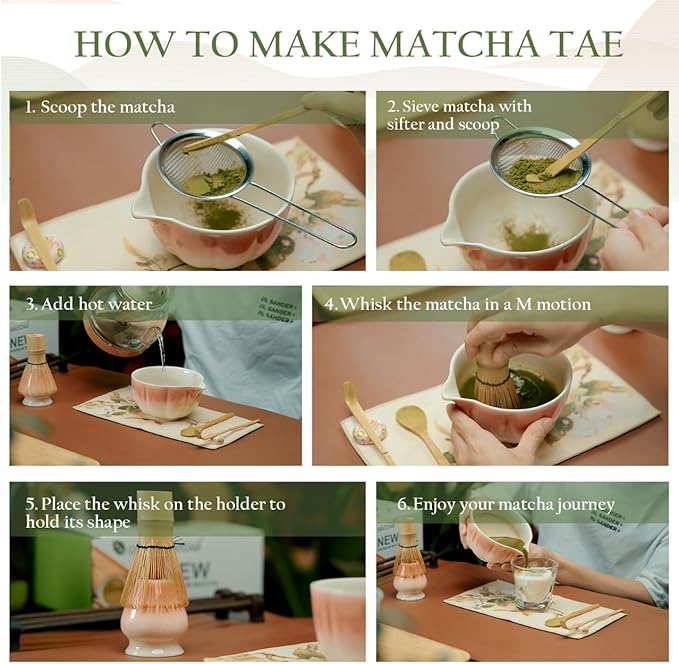 Matcha Whisk Set, Matcha Bowl with Spout, 8PCS Macha kit, Matcha Whisk and Bowl, Chasen, Bamboo Scoop, Scoop Rest, Sifter and Tea Towel