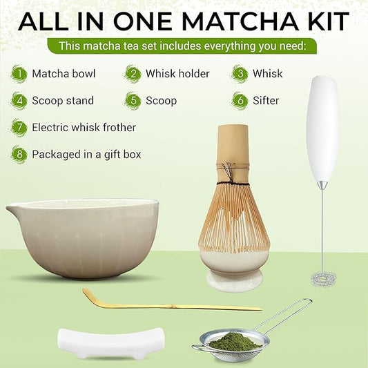 Matcha Whisk Set with Matcha Bowl - Matcha Set Included Electric Frother, Bamboo Whisk, Matcha Spoon, Bamboo Holder, Sifter, Spoon Stand (Simple White)