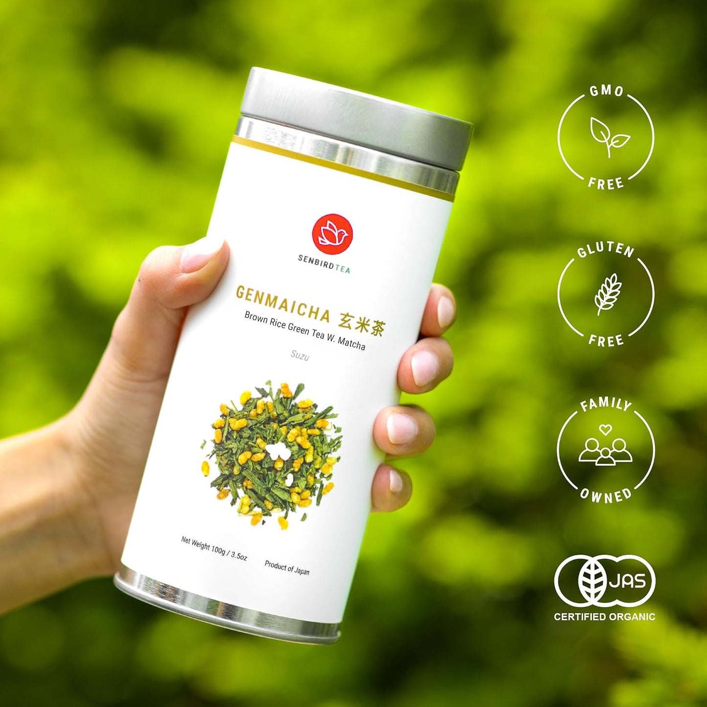 Senbird Loose Brown Rice Green Tea with Matcha - Genmaicha Suzu (3.5oz) | Kyoto sencha blended with roasted rice and mat