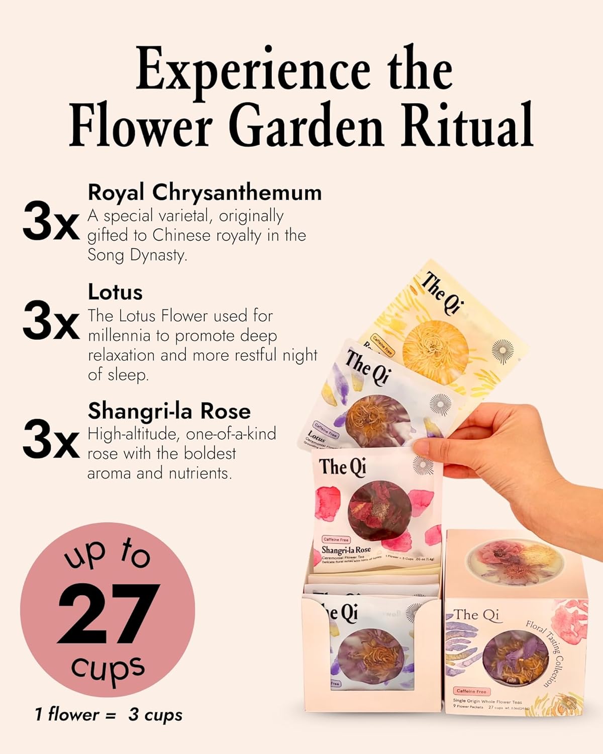 The-Qi Floral Tasting Collection Blooming Tea Variety Box – 9 Pcs Whole Flowers (Rose, Chrysanthemum, Lotus) – 100% All Natural Blooming Tea Gift Set, Naturally Caffeine-free – Makes 27 Cups