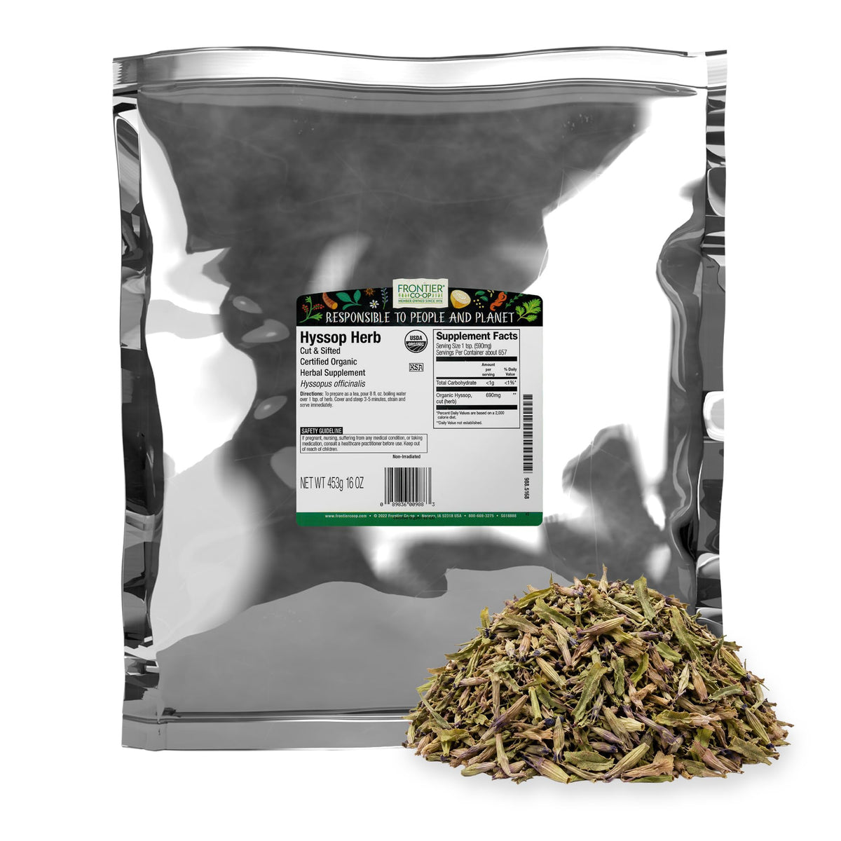 Frontier Co-op Organic Hyssop Herb, Cut & Sifted, Natural Dried Leaves - Bulk Bag for Hyssop Tea, Soup, Salads and More