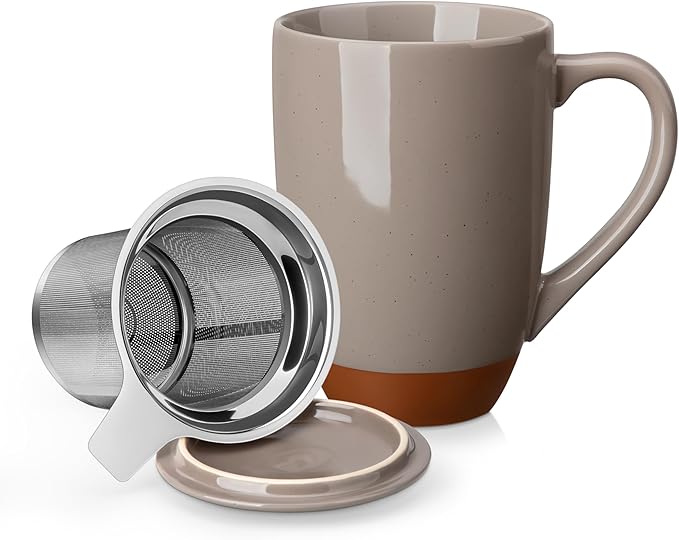 Malacasa Ceramic Tea Mug with Lid and Stainless Steel Infuser, 18 oz Large Tea Cup for Loose Leaf Tea, Heat-Resistant, Microwave & Dishwasher Safe