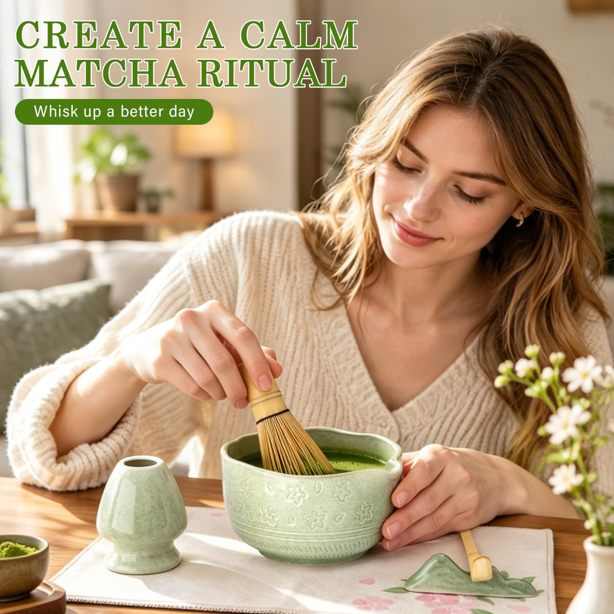 ALBISS Matcha Whisk Set, 7Pcs Ceramic Matcha Kit with Cherry Blossom Design