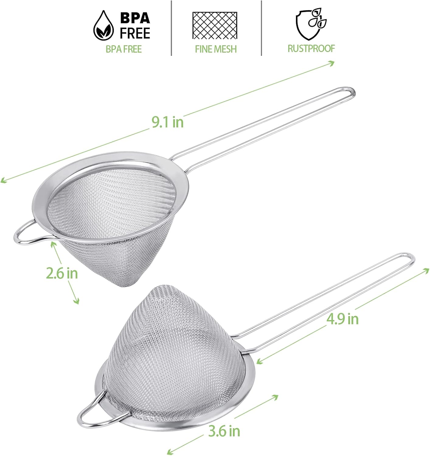 2 Pack Stainless Steel 18/8 Small Food Strainer, Fine Mesh Sieve with Long Handle, Cocktail Strainer For Cocktails, Tea Herbs, Coffee &amp; Drinks, Rust Proof &amp; Great as Tea Strainer, 3.5inch