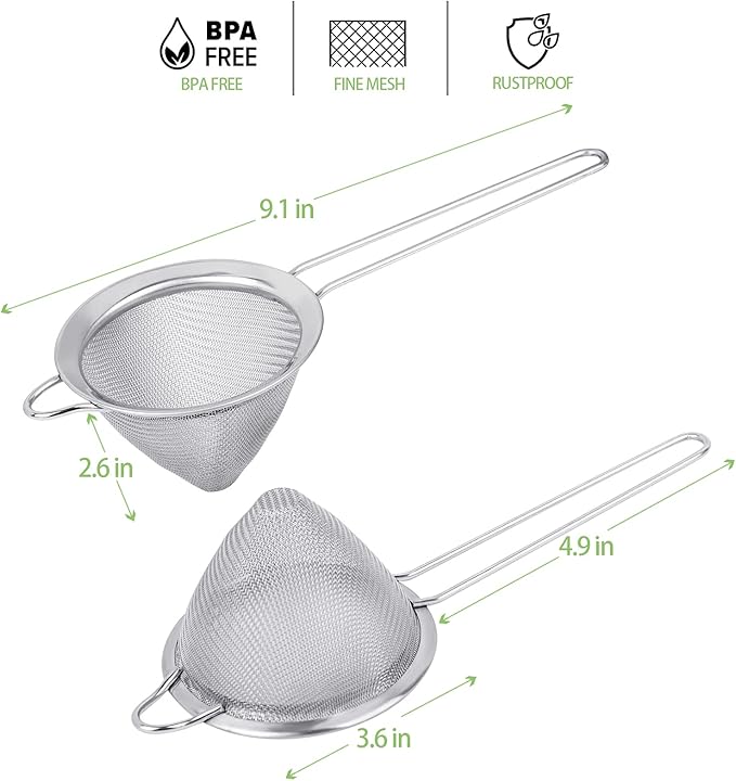 2 Pack Stainless Steel 18/8 Small Food Strainer, Fine Mesh Sieve with Long Handle, Cocktail Strainer For Cocktails, Tea Herbs, Coffee & Drinks