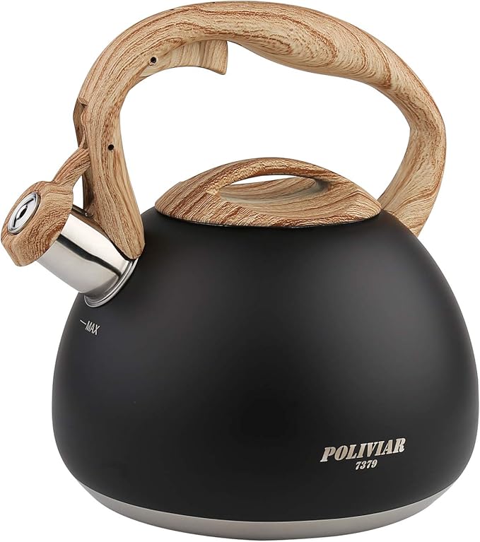 Poliviar Tea Kettle, Black Ti Stovetop Tea Kettle 2.7 Quart, Audible Whistling Teapot, Food Grade Stainless Steel for Anti-Rust and Anti Hot Handle