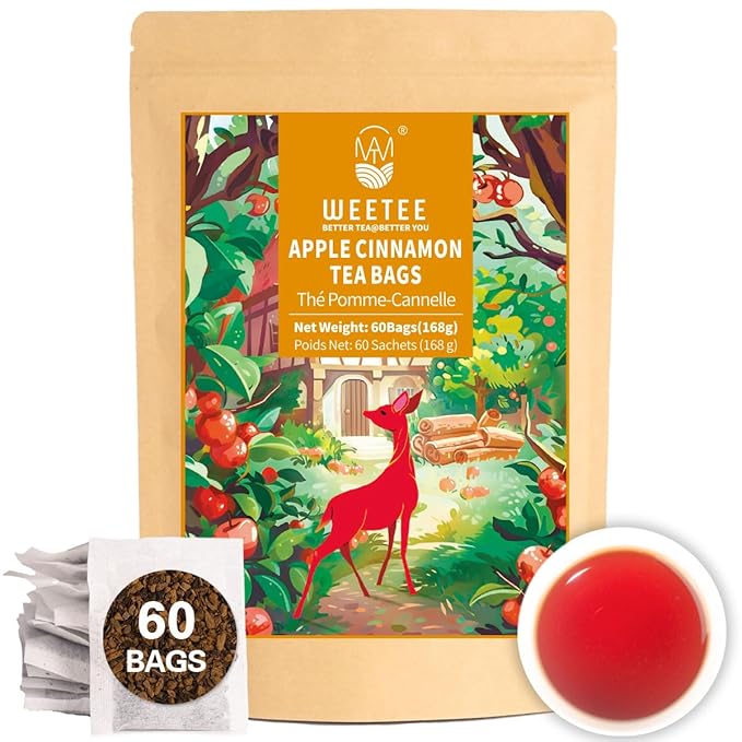 WT Weetee Apple Cinnamon Herbal Tea Bags, 60 Count, Perfect Blend of Sweet Cinnamon, Tart Hibiscus, Natural Flavoring, Caffeine-Free