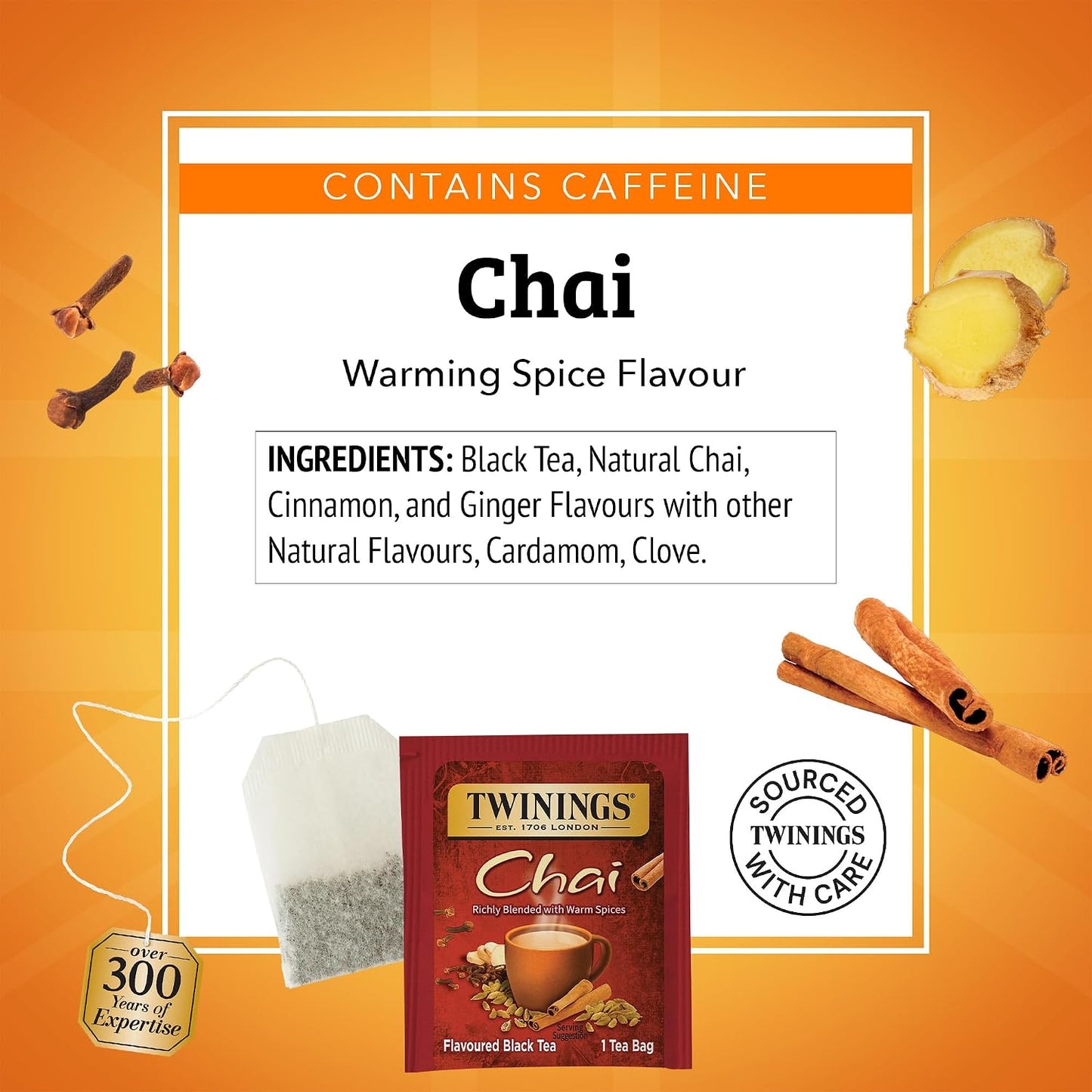 Twinings Chai Spiced Black Tea Bags, 25 CT Box (6 Pack) | Sweet &amp; Savoury, With Cinnamon, Ginger, Cardamom &amp; Clove, Naturally Caffeinated, 150 Foil Lined Individually Wrapped Bags