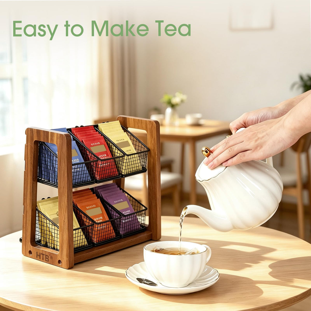 HTB 2 Tier Tea Organizer for Tea Bags with 6 Removable Metal Baskets