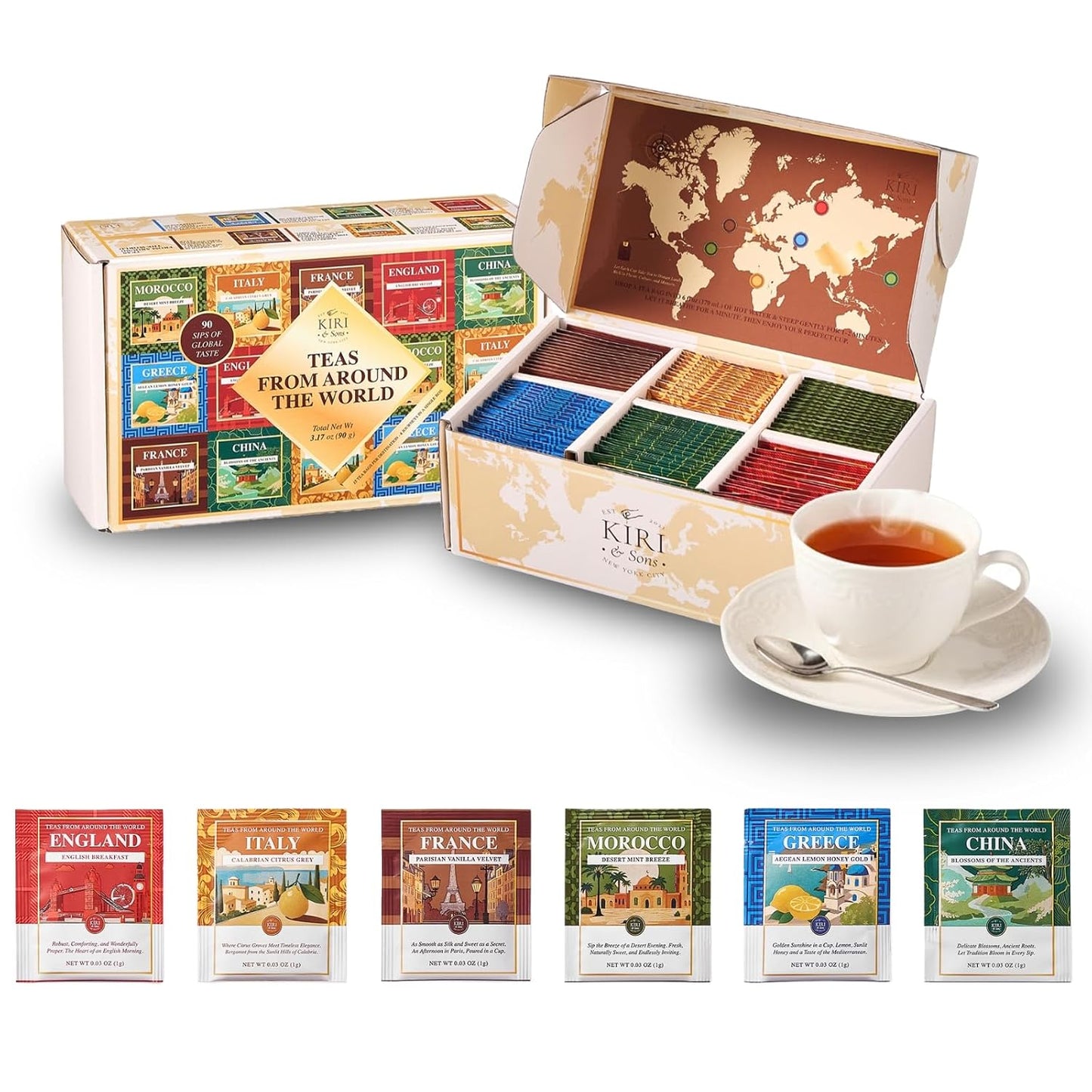 Exotic Teas of the World Gift Set – 90 Count International Tea Bags Variety Pack, Global Sampler Box Featuring England, France, Italy, Morocco