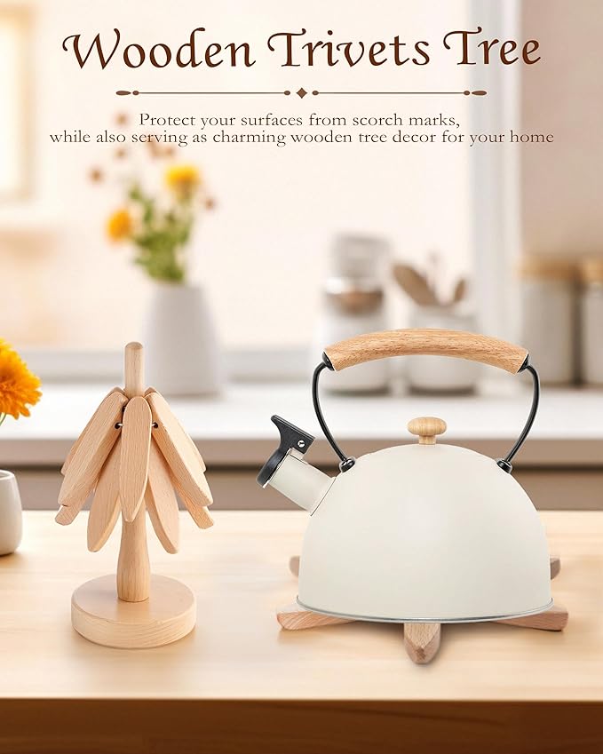Wooden Tree Trivets for Hot Dishes, 4 Wooden Trivet + 1 Stand Natural Wooden Coaster for Hot Dishes, Pot, Bowl, Teapot, Hot Pot Holders