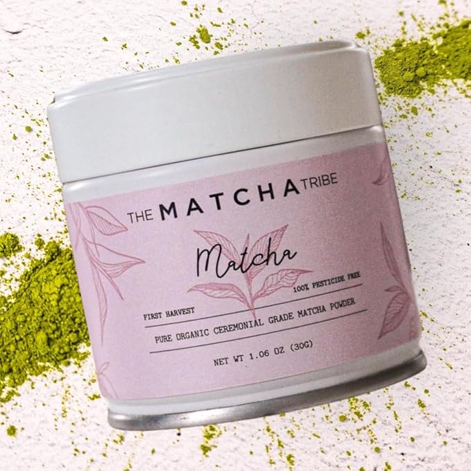 The Matcha Tribe Organic Ceremonial Matcha Green Tea Powder for Lattes. Authentic Japanese First Harvest from both Uji, Kakoshima and Shizuoka Japan. (1.06 Oz Tin - 30gr).