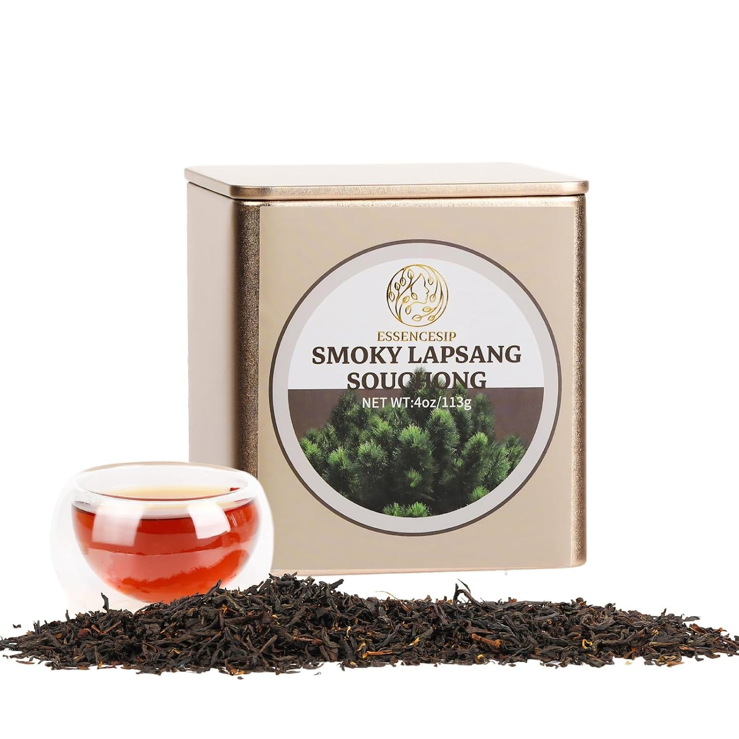 Essencesip Smokey Lapsang Souchong Black Tea Loose Leaf - 4oz Tea Sampler Pinewood Smoked in resuable Tin, Rich Smoky Flavor