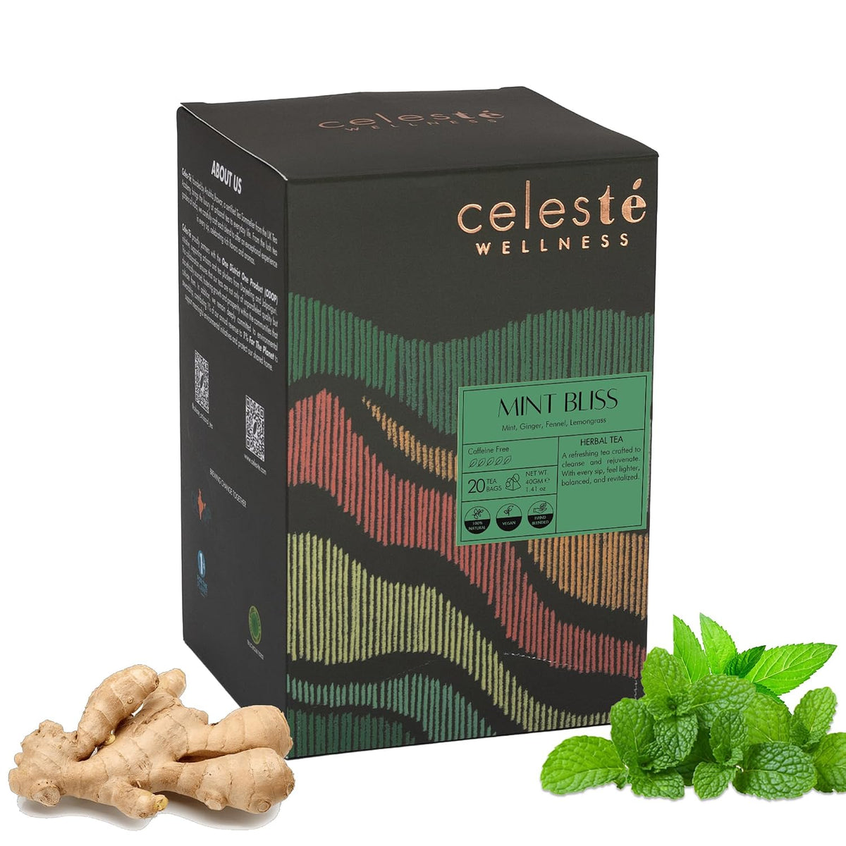 Celeste Mint Bliss Herbal Tea | Mint Tea with Ginger, Fennel, and Lemongrass | Caffeine Free | 20 Pyramid Tea Bags | Natural Ingredients
