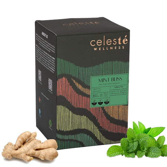 Celeste Mint Bliss Herbal Tea | Mint Tea with Ginger, Fennel, and Lemongrass | Caffeine Free | 20 Pyramid Tea Bags | Natural Ingredients