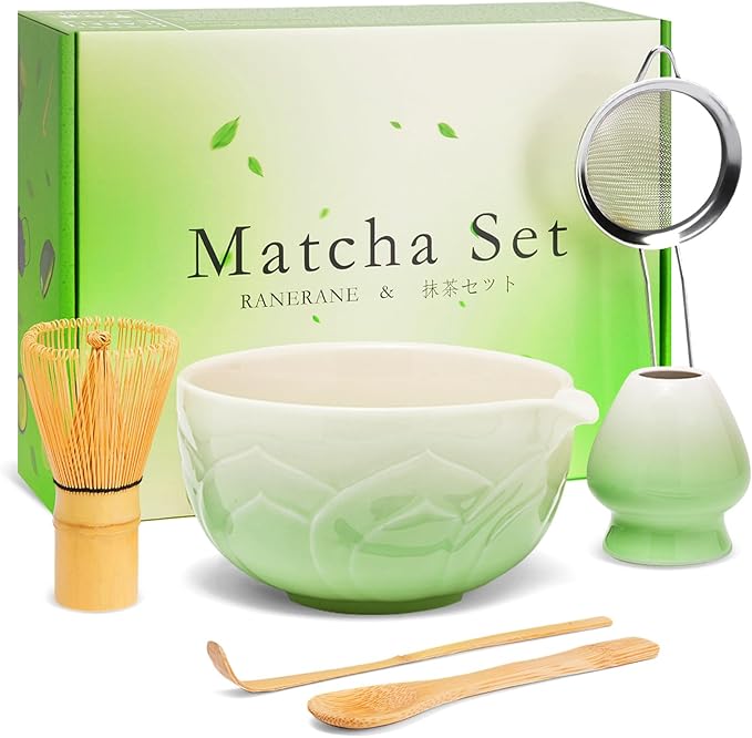 Matcha Whisk Set, Lotus Gradient Green Ceramic Matcha Set Includes Matcha Bowl, Matcha Whisk (Chasen