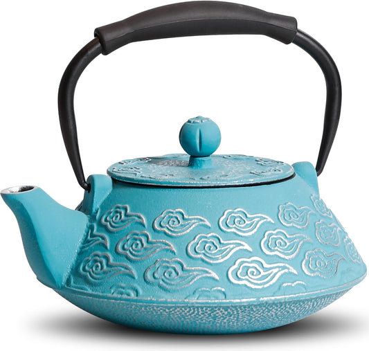 Cast Iron Teapot, Japanese Tea Pot with Infuser for Loose Leaf, Tea Kettle Stovetop Safe, Enamel Coated Interior, 27 oz (800 ml), Clouds Pattern Sky-Blue