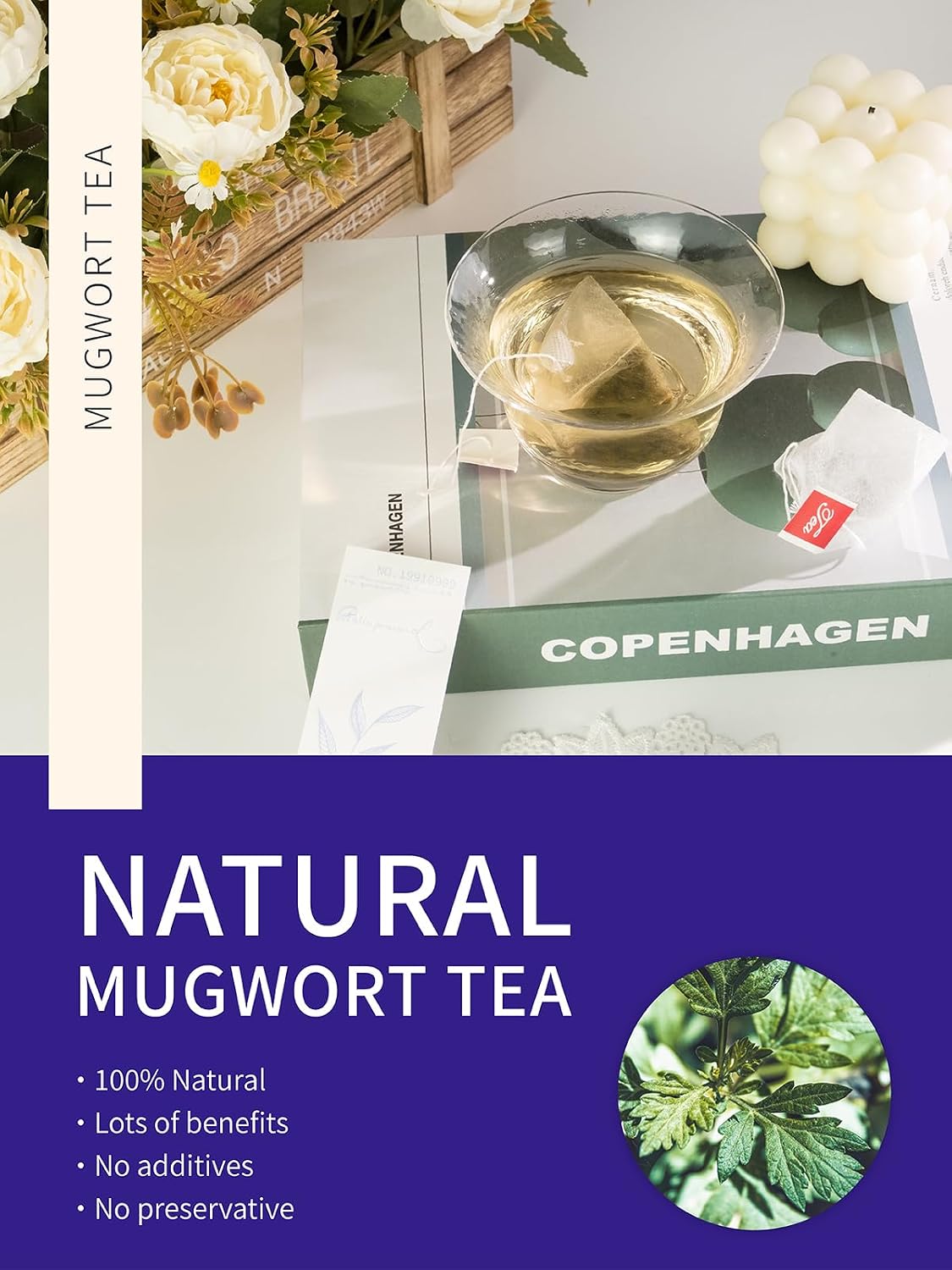 TeeLux Mugwort Tea Bags, Corn Fiber Pyramid Tea Bags, Caffeine Free, 40 ct