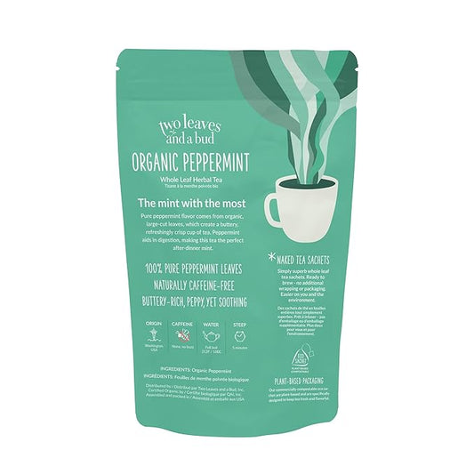 Two Leaves and a Bud Organic Peppermint - 50 Naked Tea Sachets, Naturally Caffeine Free