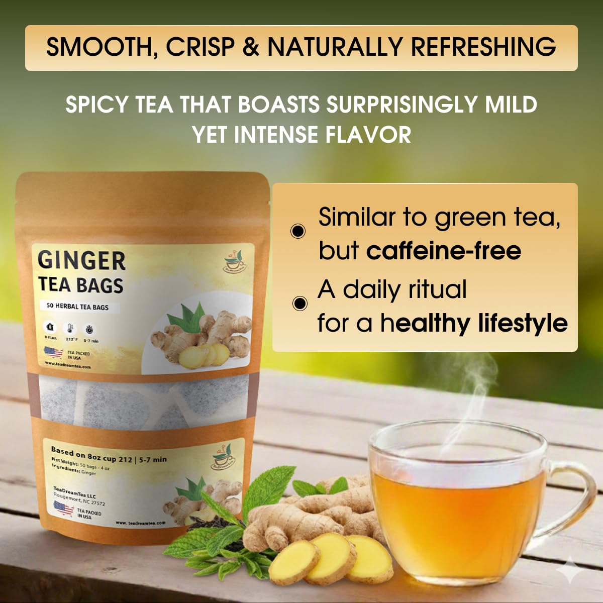 Ginger Tea Bags - 25 Bags - Premium &amp; Spicy Ginger Herbal Tea - Pure Natural Extract Caffeine-Free and Gluten-Free Herbal Tea from Real Flowers for Relaxation with Smooth Taste (25 count)
