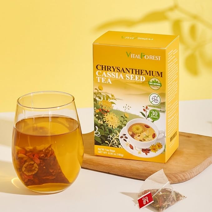 Chrysanthemum Cassia Seed Tea Bags - 6g × 30 Bags, VitalForest Herbal Tea with Burdock Root, Goji Berries, Osmanthus, Honeysuckle