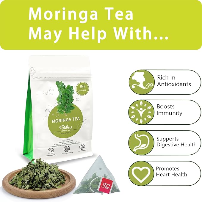 Samcci - Moringa Tea - 50 Tea Bags - Pure Moringa Leaves, Herbal Tea for Supporting Digestion & Immune System - Non-GMO - Vegan - Caffeine-Free