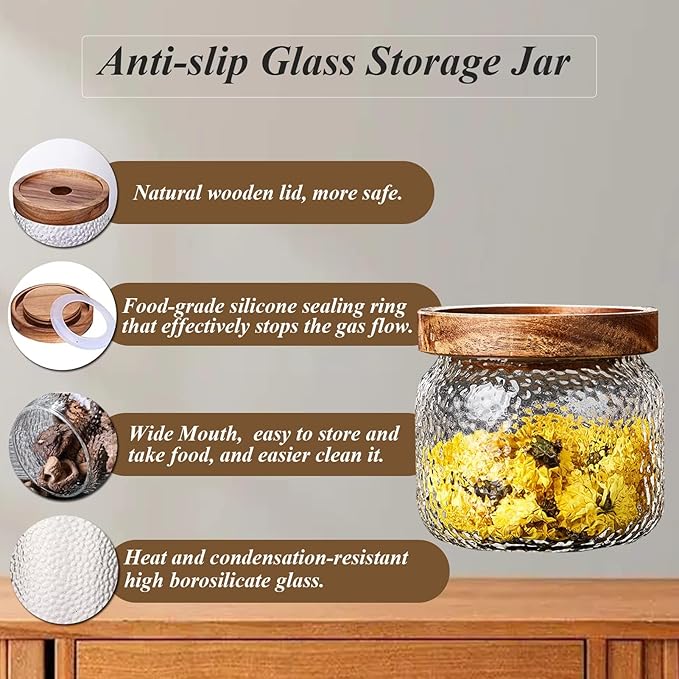 Viovian 10 OZ Glass Jar with Lid Food Vintage Decorative Glass Storage Jars Coffee Nuts Canister Anti-Slip Kitchen Container for Sugar Candy Cookie Spice Tea 300ML