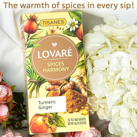 LOVARE Spices Harmony Herbal Tea, Caffeine-Free Fruit & Spice Infusion, Turmeric, ginger, 24 Individually Wrapped Bags (1.8 g each), Made in Ukraine (SPICES HARMONY)