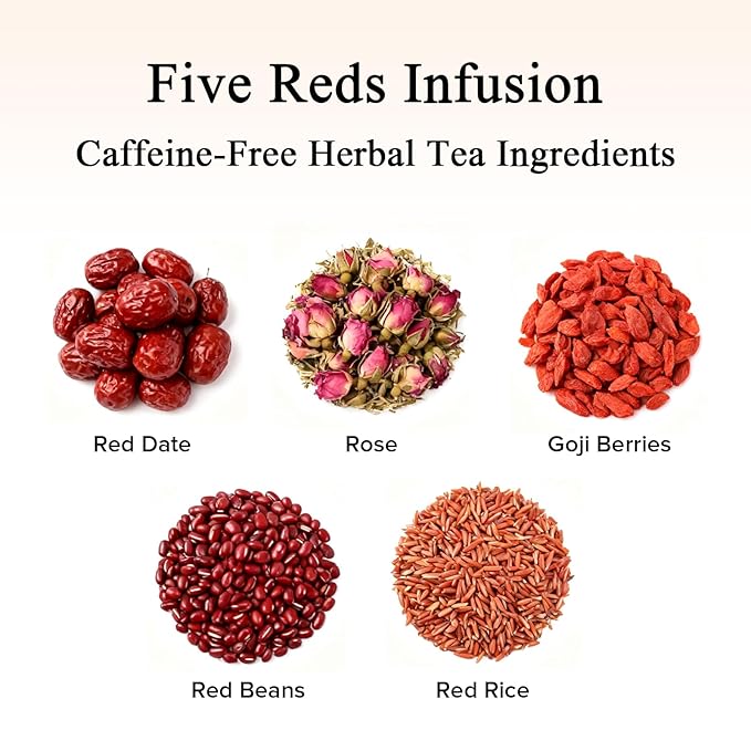 Five Reds Tea for Rejuvenates Energy, Leafberry Sampler Wellness Functional Herbal Tea Detox Boosts Immunity Awaken Rose Jasmine Red Dates Beans 10 Bags Box Teas Drinkers Gifts for Women