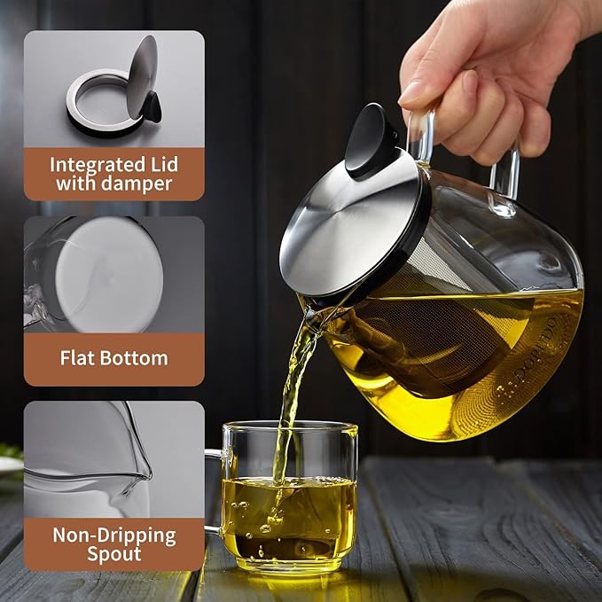 Glass Teapot Tea Pot with Removable Stainless Steel Infuser, 25oz / 760ml Borosilicate Glass Tea Kettle for Office Work