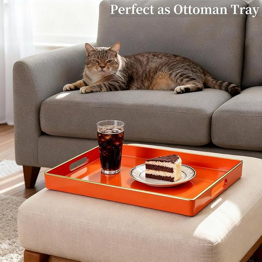 Zosenley Decorative Tray, Rectangular Plastic Tray with Handles, Modern Vanity Tray and Serving Tray for Bathroom, Kitchen, Ottoman and Coffee Table, 15.6” x 10.2” (Orange)